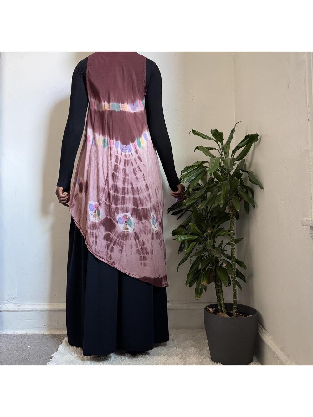 Boho Shibori Tie Dye High-Low Dress | Mauve Rose Sleeveless floral Embroidered - Picture 3 of 5